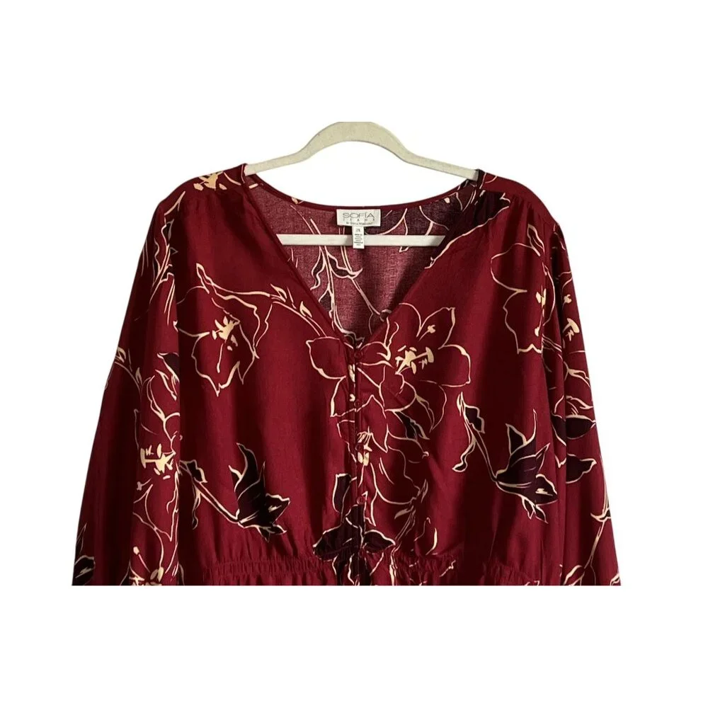 Sofía Jeans By Sofía Vergara Womens 2X Burgundy Viscose Floral Blouse Smocking - Picture 2 of 7